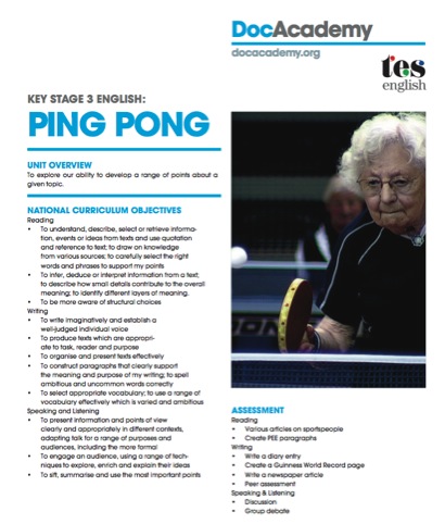 Screen Shot of Ping Pong Care Campaign Lesson Plan for Key Stage 3